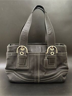 Vintage Y2K COACH F10911 Soho Carryall Satchel Black Leather Contrast Stitching